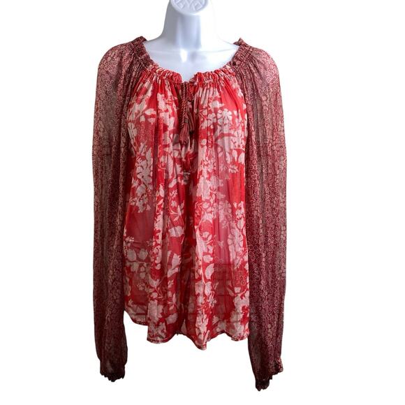 Free People Women's Red Hendrix Patchwork‎ Top Size XS Flowy Boho Oversized - Picture 1 of 9